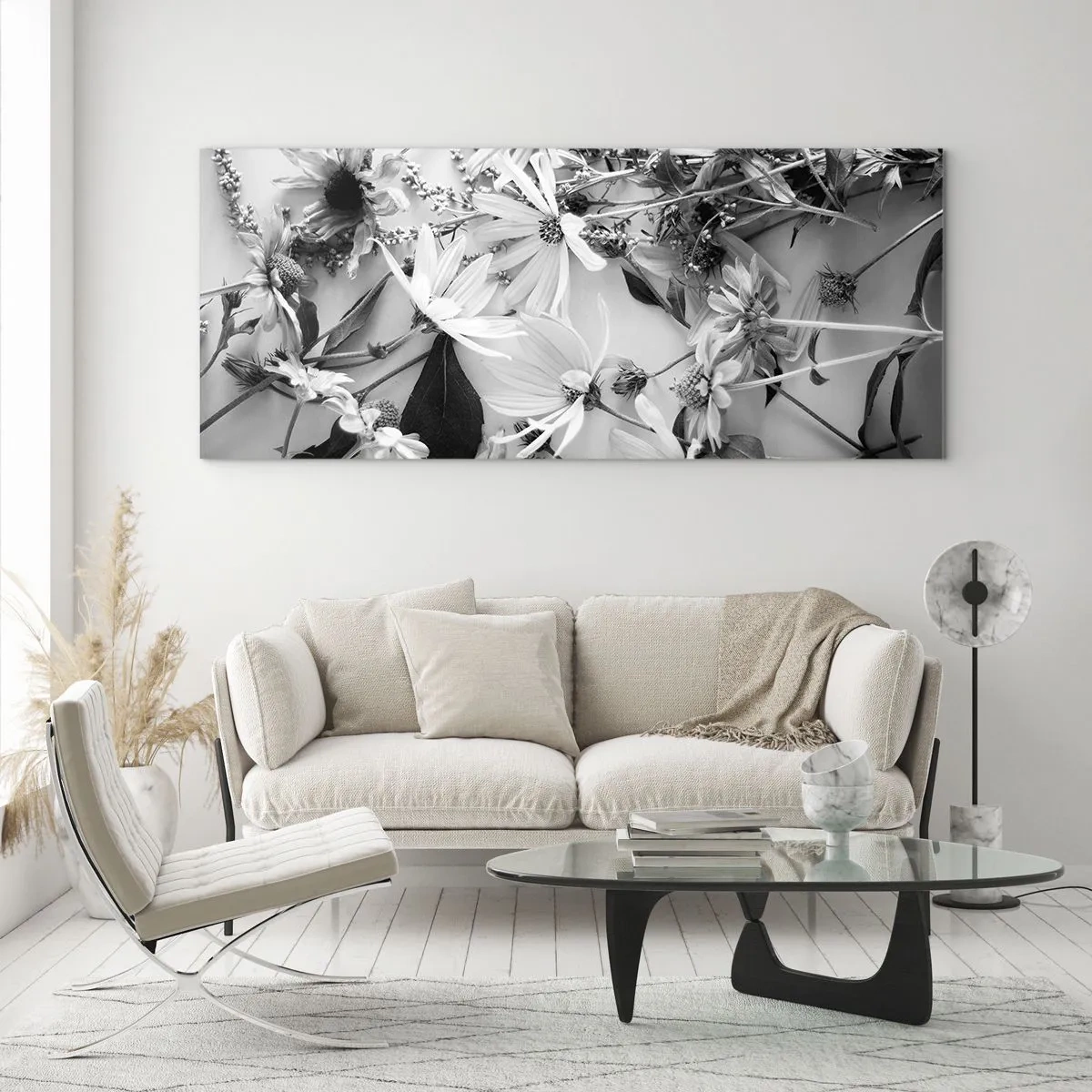 Impression sur verre - Image sur verre - Compositions florales en noir et blanc dans un style artistique subtil - 120x50cm - Non-un bouquet de fleurs - Décoration murale moderne pour le salon et la chambre ARTTOR
