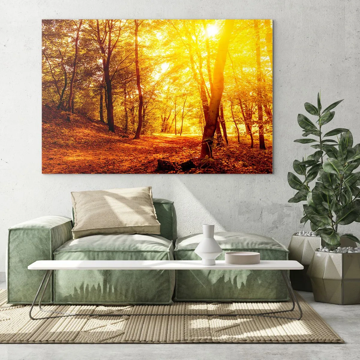 Impression sur verre - Image sur verre - Forêt d'automne illuminée par la chaude lueur du soleil - 70x50cm - Vers la clairière dorée - Décoration murale moderne pour le salon et la chambre ARTTOR