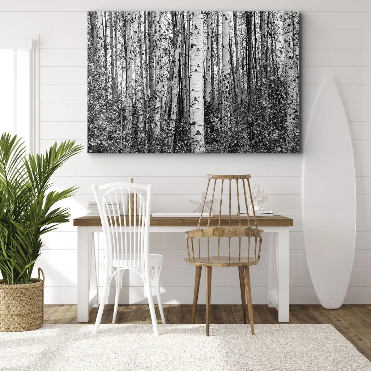 Impression sur toile - Image sur toile - Bouleaux noirs et blancs dans la forêt - 100x70cm - Enchevêtrement de bouleau - Décoration murale moderne pour le salon et la chambre ARTTOR