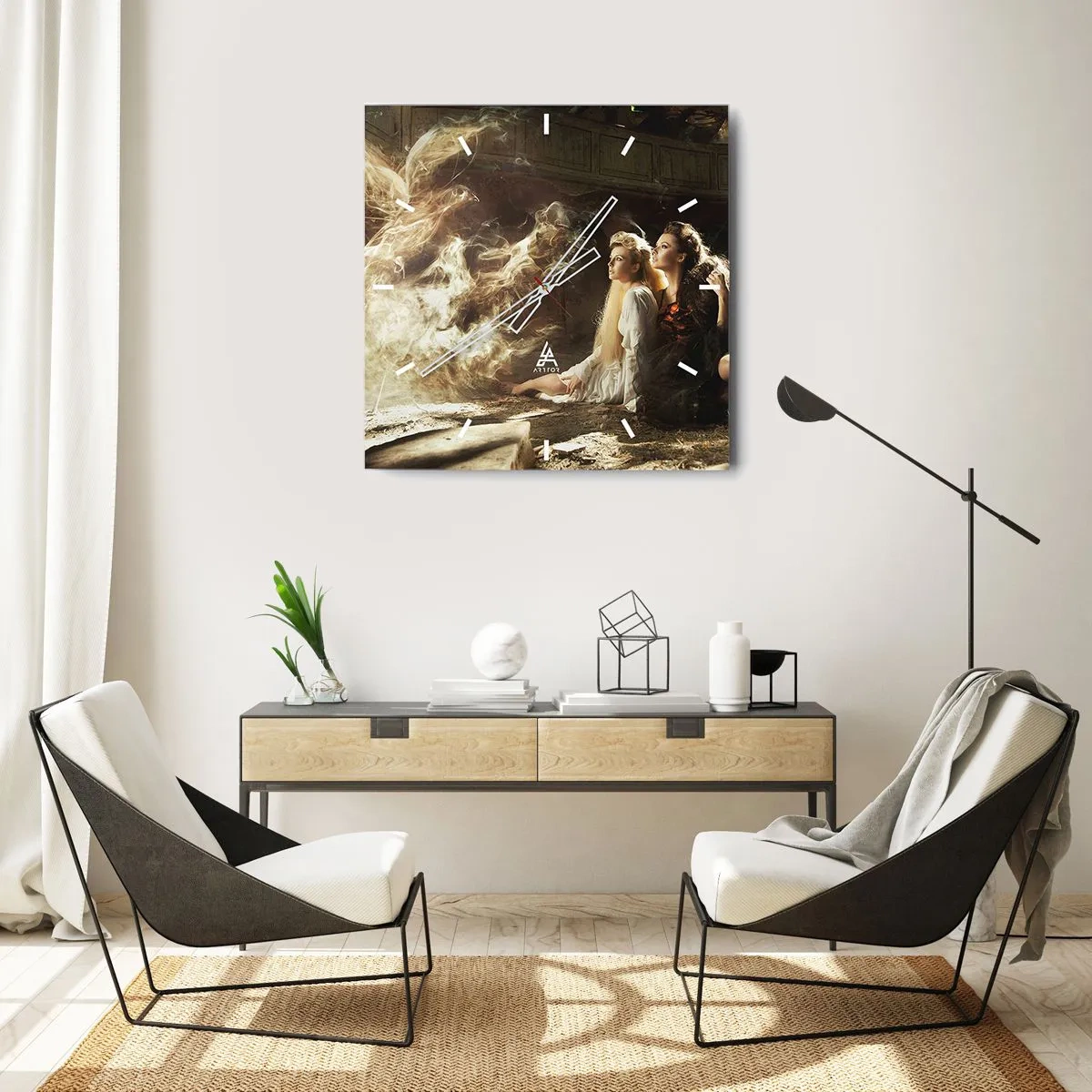 Horloge murale - Pendule murale - Deux femmes dans un décor magique avec des effets de lumière éthérés. - 30x30cm - Et il y a eu la poésie - Décoration murale moderne pour le salon et la chambre ARTTOR