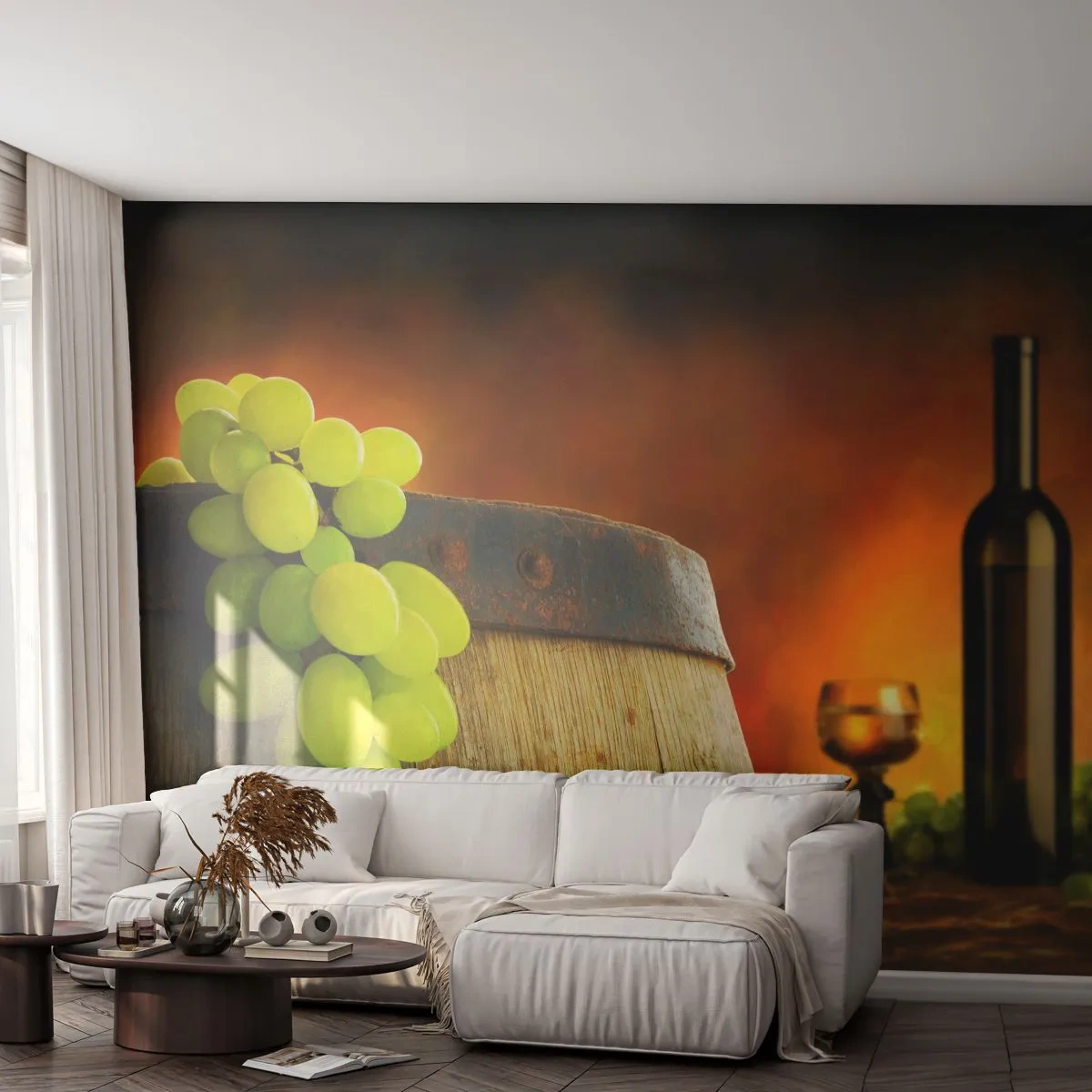 Papier Peint Photo Premium Sand - Nature morte avec une bouteille de vin et une grappe de raisin - Raisin, Vin, Tonneau de vin - 300x210 cm