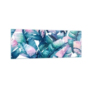 Impression sur verre - Image sur verre - Feuilles de bananier dans les tons bleu et rose - 140x50cm - Dans une bananeraie - Décoration murale moderne pour le salon et la chambre ARTTOR