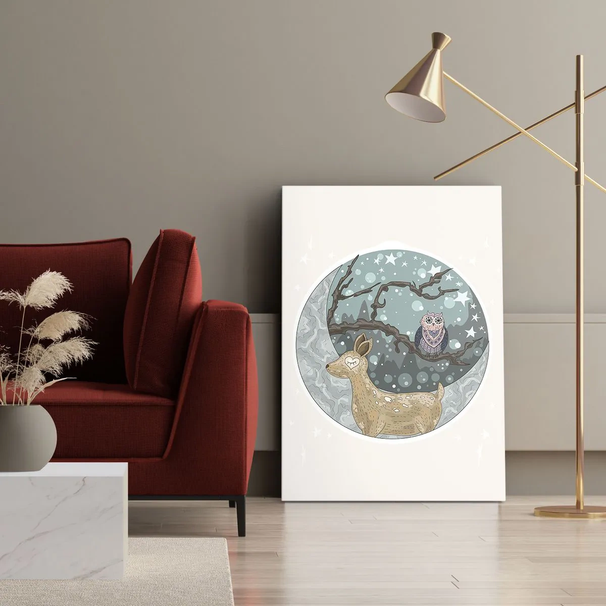 Impression sur toile - Image sur toile - Un cerf et un hibou dans un paysage nocturne de conte de fées - 80x120cm - Une nuit de conte de fées en forêt - Décoration murale moderne pour le salon et la chambre ARTTOR