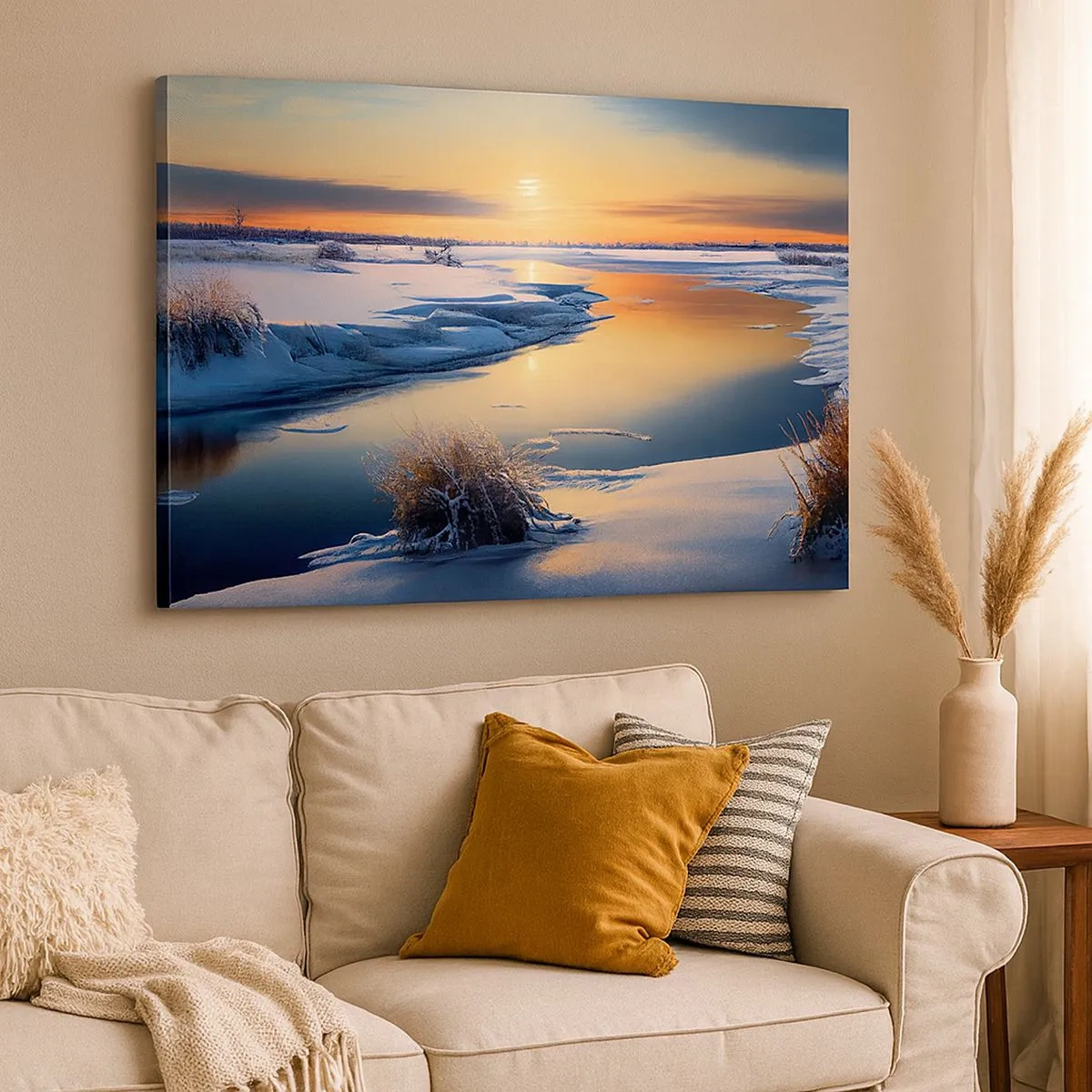 Impression sur toile - Image sur toile - Paysage d'hiver avec une rivière au coucher du soleil - 70x50cm - Coucher de soleil d'hiver - Décoration murale moderne pour le salon et la chambre ARTTOR