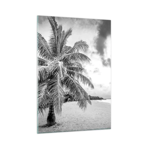 Impression sur verre - Image sur verre - Un palmier noir et blanc sur une plage déserte avec un ciel nuageux. - 50x70cm - Quand tu aspires à la solitude - Décoration murale moderne pour le salon et la chambre ARTTOR