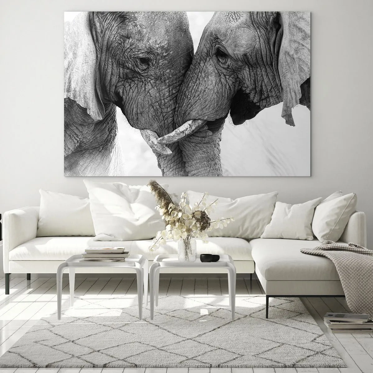 Impression sur verre - Image sur verre - Deux éléphants se touchant le front en noir et blanc - 120x80cm - Confession sincère - Décoration murale moderne pour le salon et la chambre ARTTOR