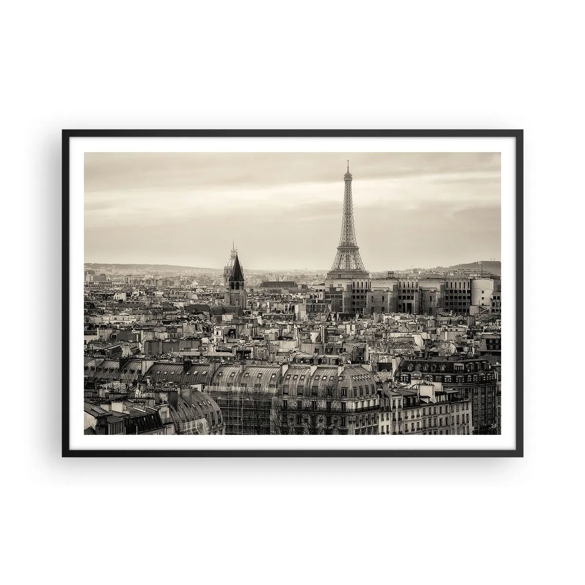 Affiche dans un cadre noir - Poster - Panorama de Paris avec la Tour Eiffel en tons sépia - 100x70cm - Sur les toits de Paris - Décoration murale moderne pour le salon et la chambre ARTTOR
