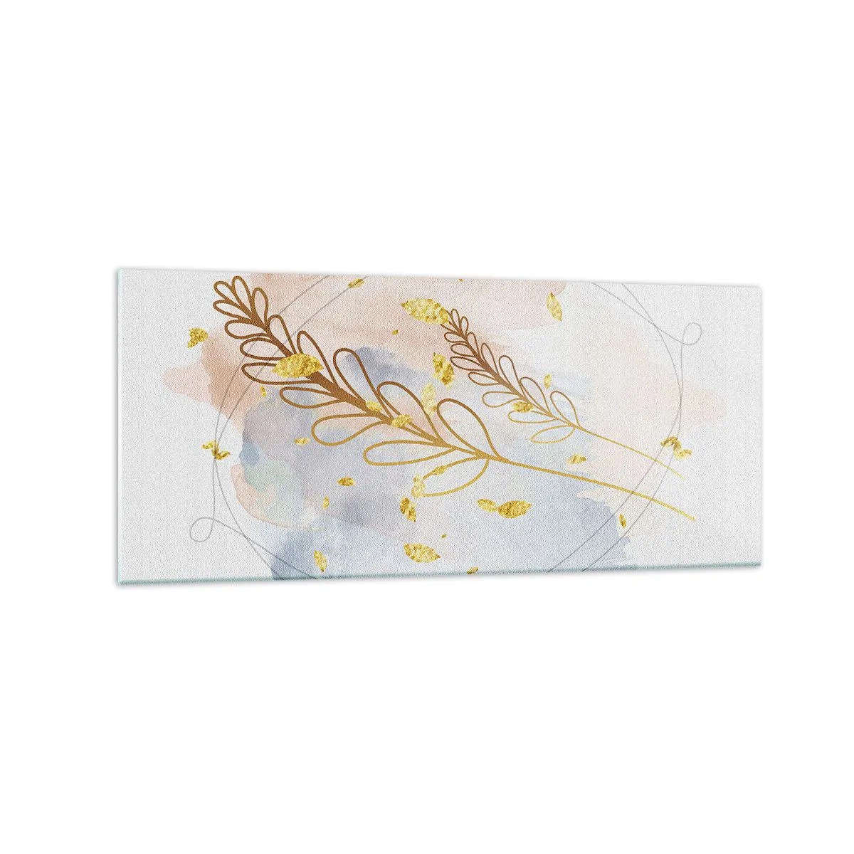 Impression sur verre - Image sur verre - Un délicat motif de feuille dorée sur un fond pastel avec des détails aquarelles. - 120x50cm - Explosion d'or - Décoration murale moderne pour le salon et la chambre ARTTOR