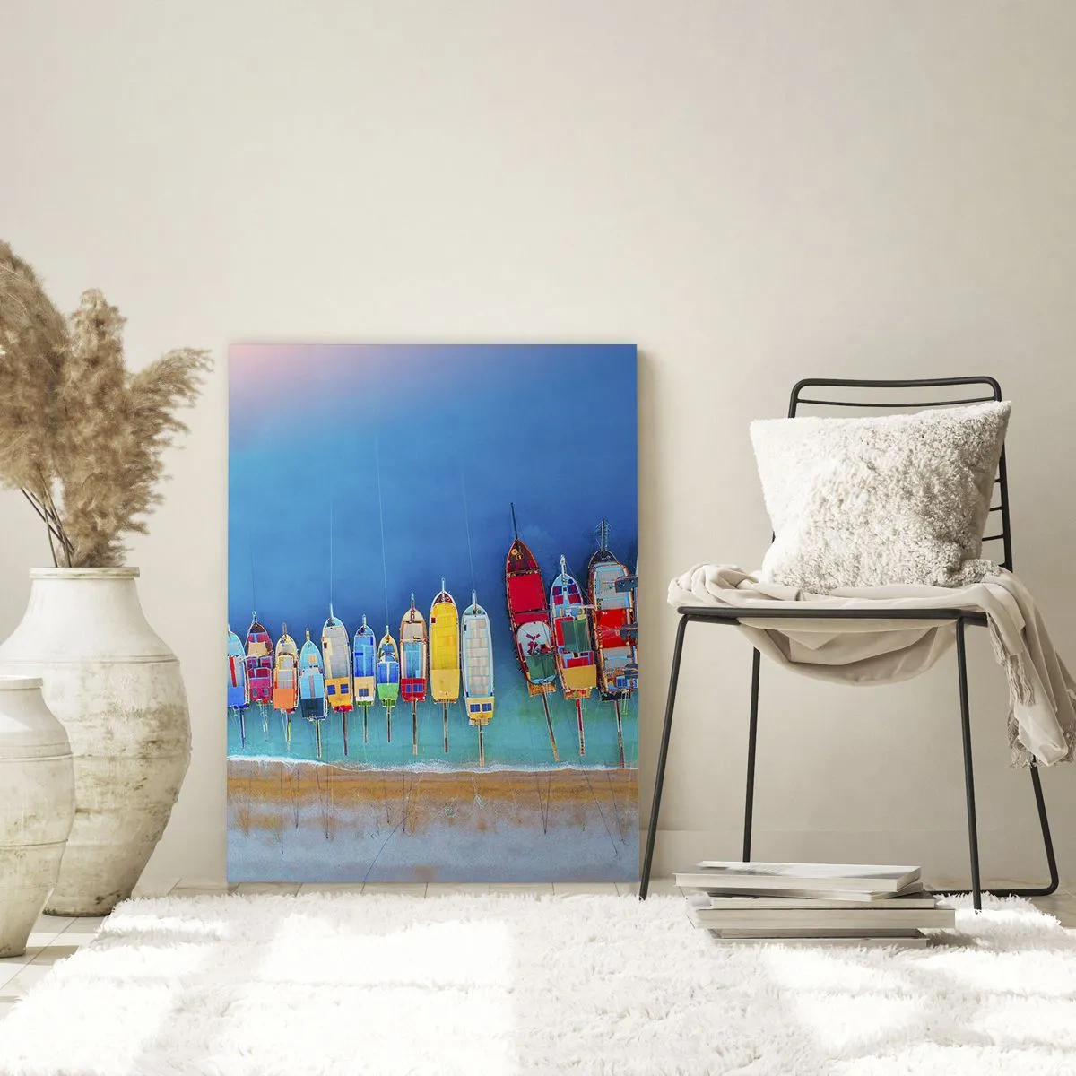 Impression sur verre - Image sur verre - Des bateaux colorés alignés en rangée sur le rivage - 80x120cm - Une vue à vol d'oiseau - Décoration murale moderne pour le salon et la chambre ARTTOR