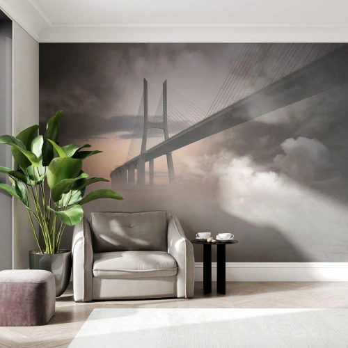 Papier Peint Photo Premium Sand - Pont moderne dans le brouillard au coucher du soleil - 100x70cm - Sur la rivière qui n'existe pas - Décoration murale moderne pour le salon et la chambre ARTTOR