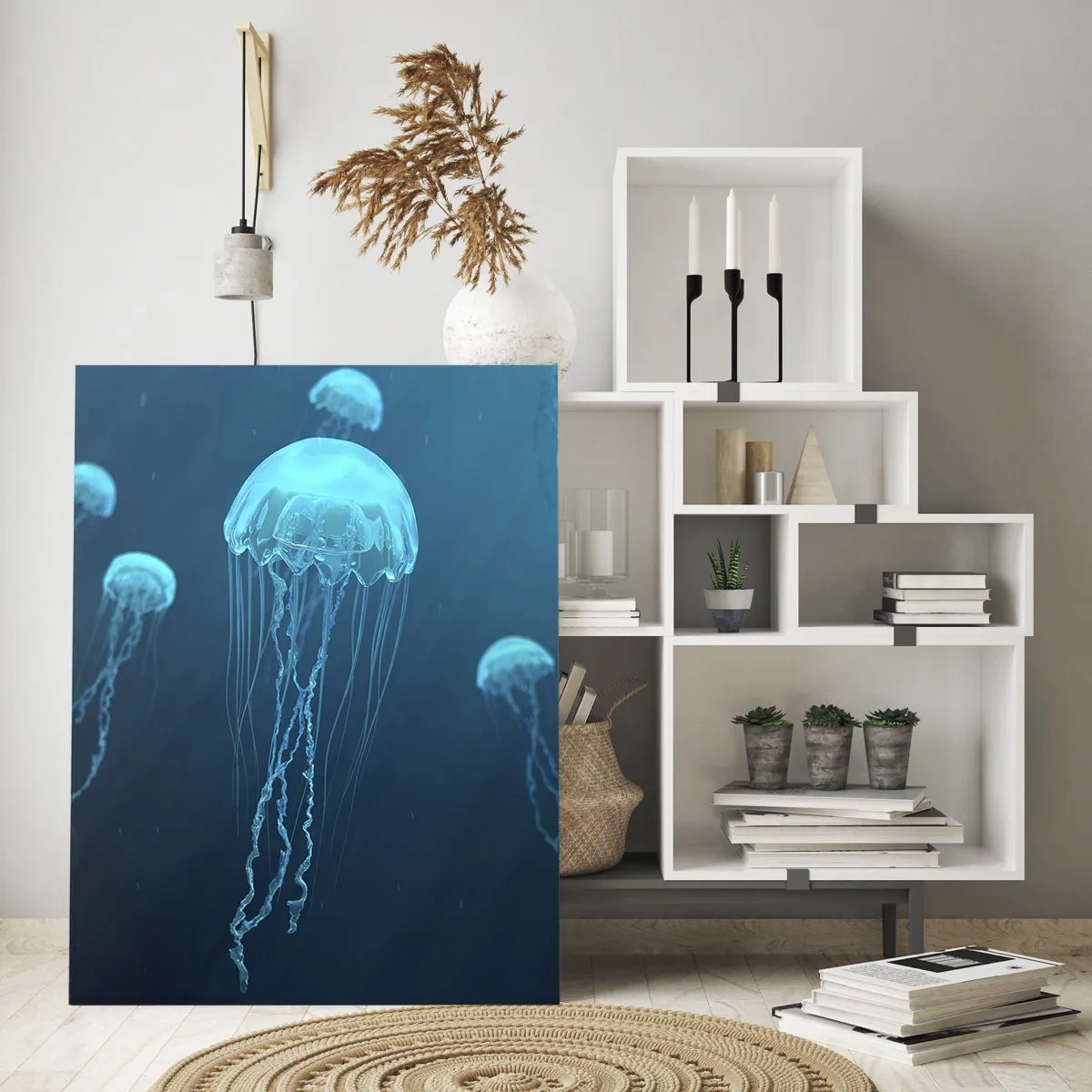 Impression sur verre - Image sur verre - Méduses flottant dans l'océan bleu profond - 50x70cm - Danse océanique - Décoration murale moderne pour le salon et la chambre ARTTOR
