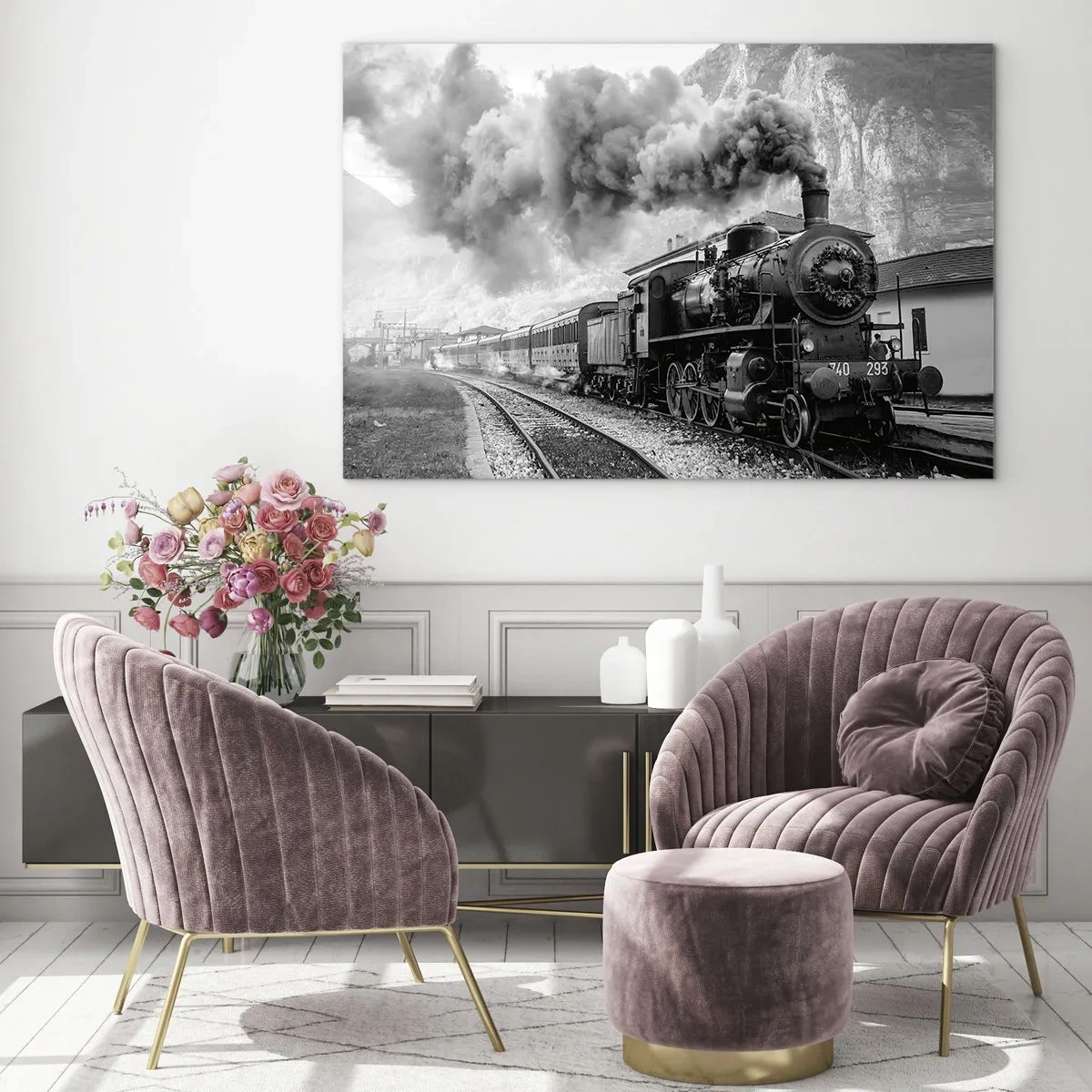 Impression sur verre - Image sur verre - Un vieux train à vapeur dans un paysage de montagne - 120x80cm - Attend à la gare... - Décoration murale moderne pour le salon et la chambre ARTTOR