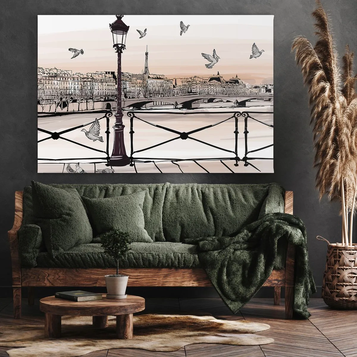 Impression sur toile - Image sur toile - Vue parisienne avec une lanterne et un pont - 70x50cm - Sur les toits de Paris - Décoration murale moderne pour le salon et la chambre ARTTOR