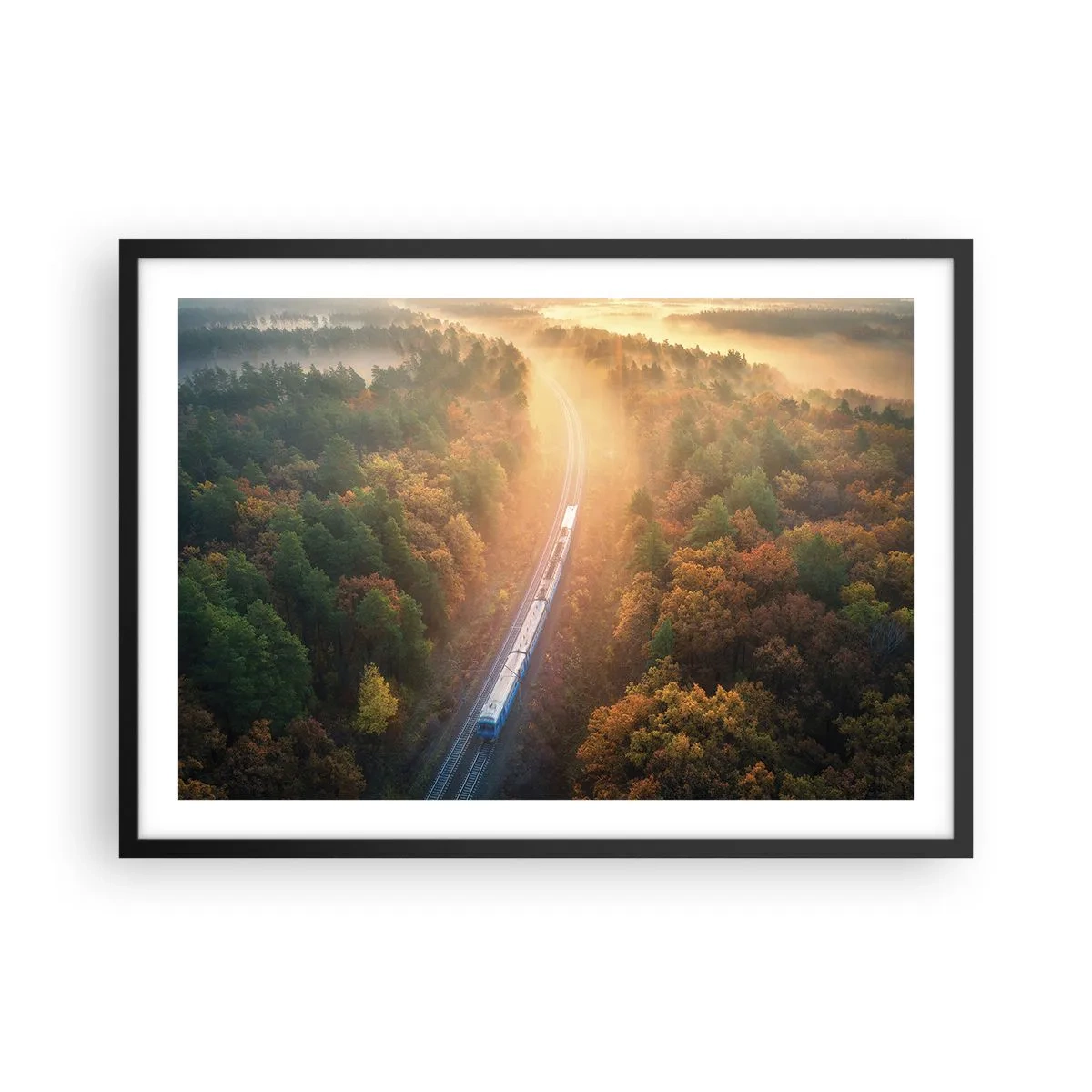 Affiche dans un cadre noir - Poster - Un train dans une forêt d'automne à l'aube - 70x50cm - Voyage printannier - Décoration murale moderne pour le salon et la chambre ARTTOR