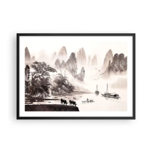 Affiche dans un cadre noir - Poster - Un paysage pittoresque de style asiatique avec des montagnes brumeuses - 70x50cm - Le quotidien exotique de l'Orient - Décoration murale moderne pour le salon et la chambre ARTTOR