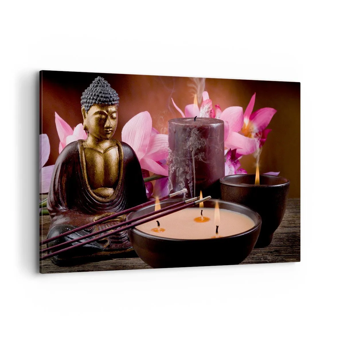 Impression sur toile - Image sur toile - Figurine de Bouddha avec bougies allumées et bâtons d'encens - 120x80cm - Vider l'esprit, calmer le corps - Décoration murale moderne pour le salon et la chambre ARTTOR