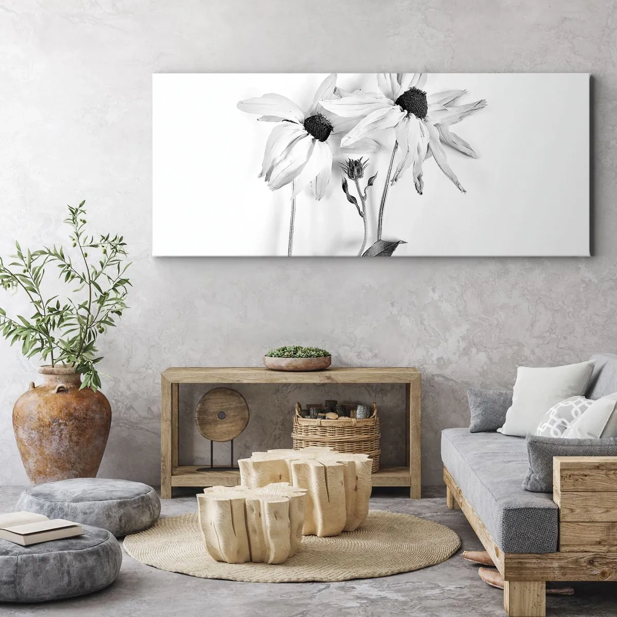Impression sur toile - Image sur toile - Fleurs noires et blanches avec une composition subtile - 140x50cm - Personne ne souhaite être seul - Décoration murale moderne pour le salon et la chambre ARTTOR