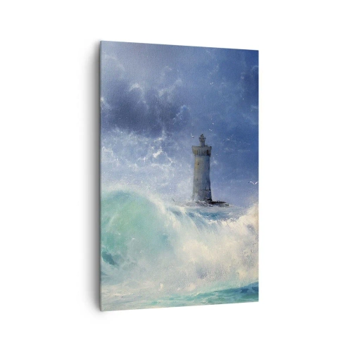 Impression sur toile - Image sur toile - Un phare entouré de vagues agitées et de nuages - 80x120cm - En garde contre les éléments - Décoration murale moderne pour le salon et la chambre ARTTOR