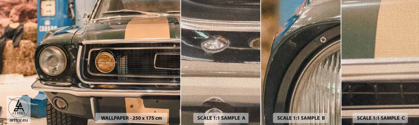 Échantillon de Papier Peint Premium Canvas - Rencontre avec une légende - Voiture, Automobile, Vieille école - 100x30 cm