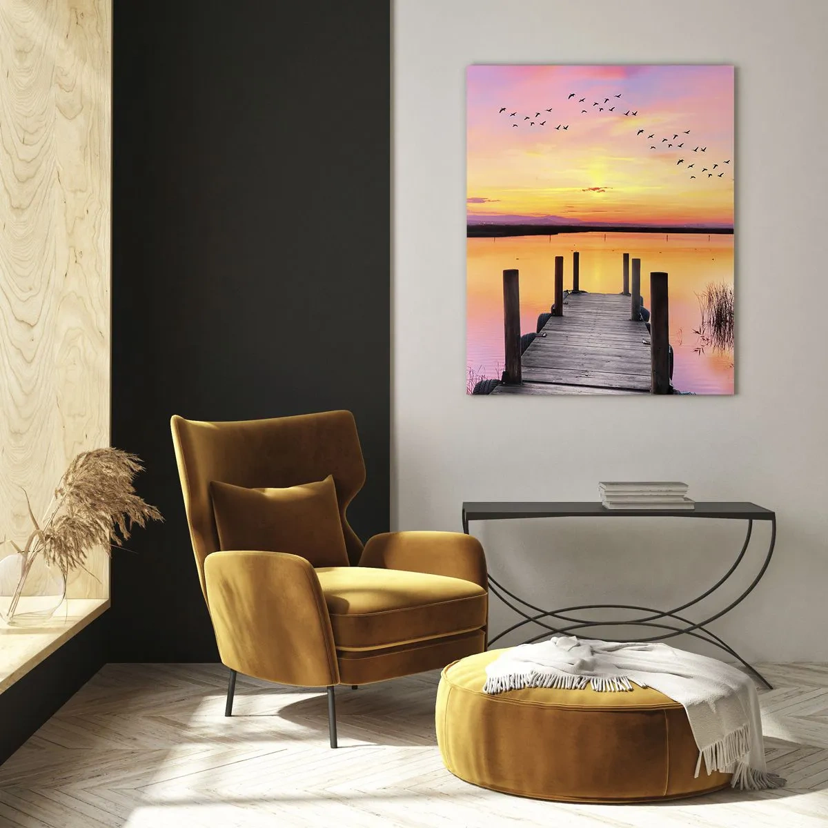 Impression sur verre - Image sur verre - Jetée au bord du lac au coucher du soleil avec des oiseaux dans le ciel - 50x70cm - Aube silencieuse violette - Décoration murale moderne pour le salon et la chambre ARTTOR