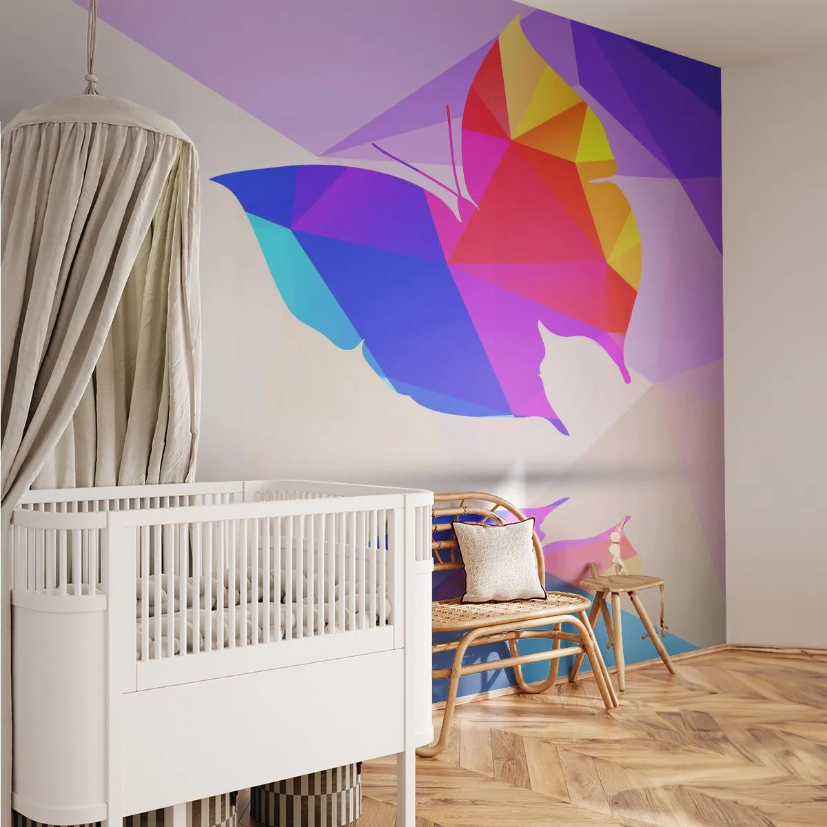 Papier Peint Photo Premium Sand - Papillon géométrique coloré sur un fond abstrait - 100x70cm - Papillon arc-en-ciel - Décoration murale moderne pour le salon et la chambre ARTTOR
