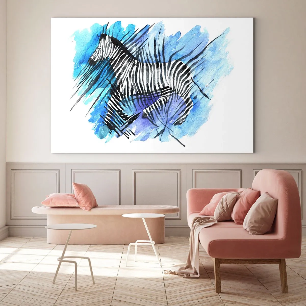 Impression sur verre - Image sur verre - Un zèbre dans une composition artistique à l'aquarelle sur fond bleu - 120x80cm - Caché dans les rayures - Décoration murale moderne pour le salon et la chambre ARTTOR