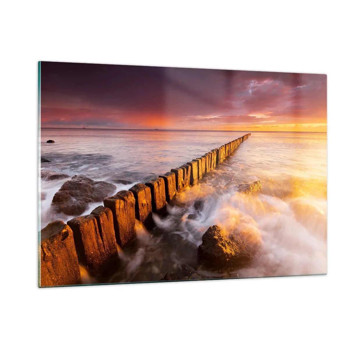 Impression sur verre - Image sur verre - Coucher de soleil sur la mer avec un brise-lames en bois - 120x80cm - La douceur des vagues - Décoration murale moderne pour le salon et la chambre ARTTOR