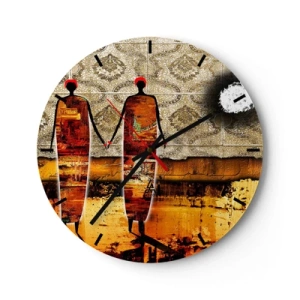 Horloge murale - Pendule murale - Motif abstrait de personnages se tenant la main sur fond d'ornement - 30x30cm - Composition ethnique aux couleurs de l'Afrique - Décoration murale moderne pour le salon, la cuisine et la chambre ARTTOR
