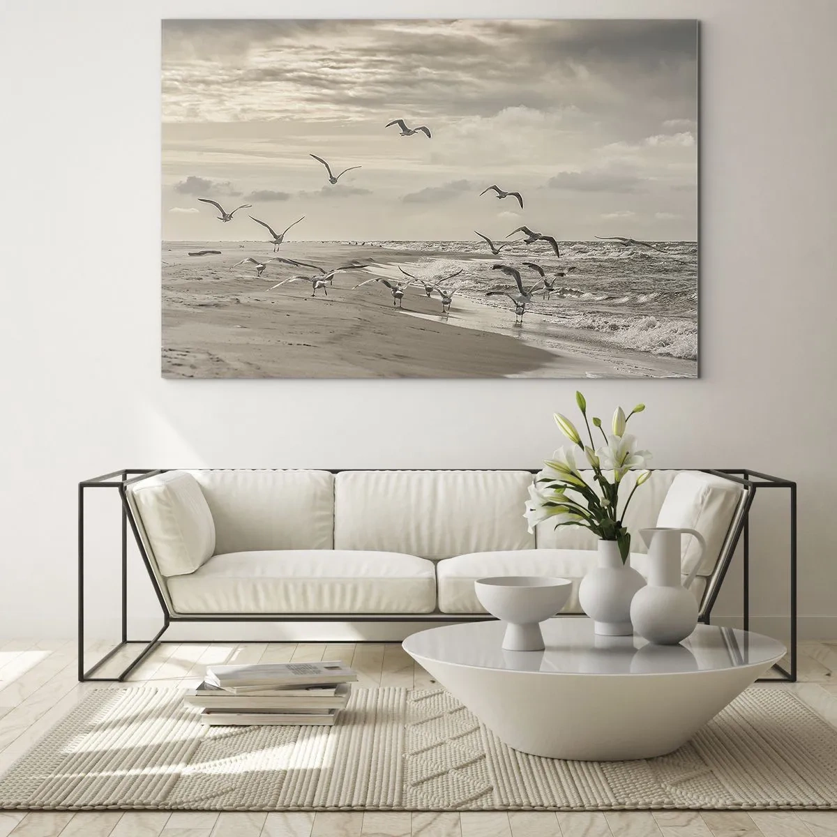 Impression sur verre - Image sur verre - Oiseaux sur le bord de mer à l'aube dans des tons sépia - 100x70cm - Le bruit de la mer, le chant des oiseaux - Décoration murale moderne pour le salon et la chambre ARTTOR