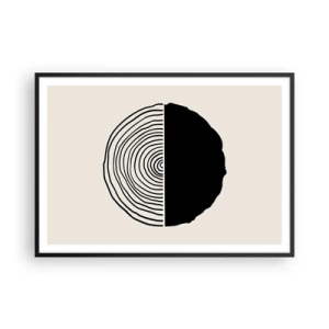 Affiche dans un cadre noir - Poster - Un motif abstrait en noir et blanc inspiré d'une coupe transversale de bois avec une division géométrique. - 100x70cm - Moitié-moitié - Décoration murale moderne pour le salon et la chambre ARTTOR