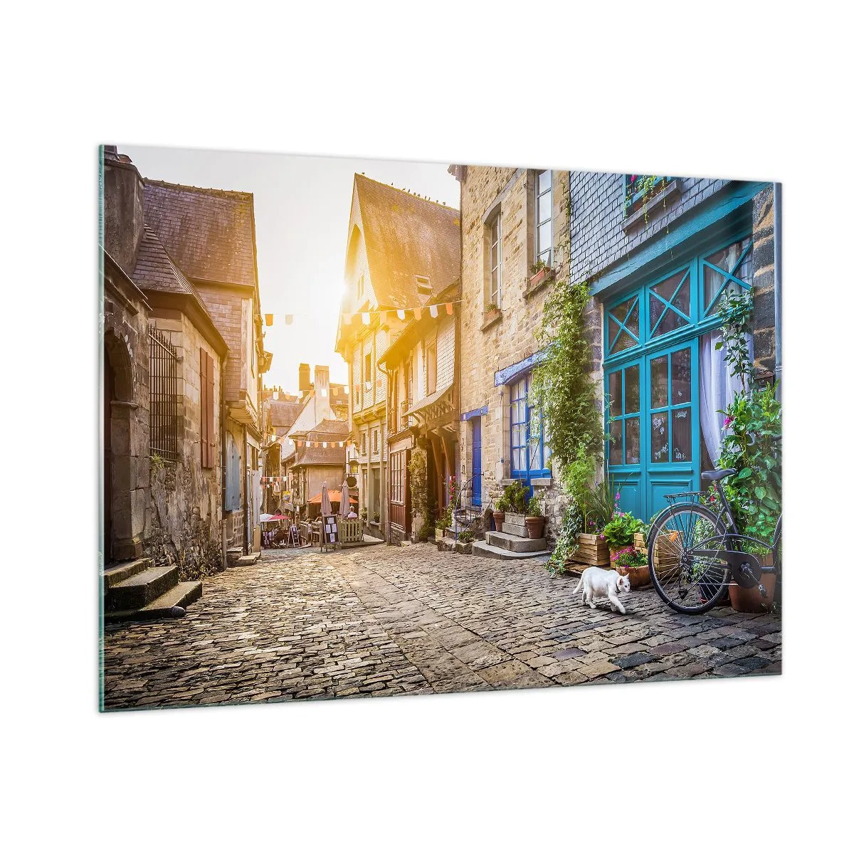 Impression sur verre - Image sur verre - Une charmante rue de la ville avec un chat blanc et un vélo - 100x70cm - Aux confins du monde - Décoration murale moderne pour le salon et la chambre ARTTOR