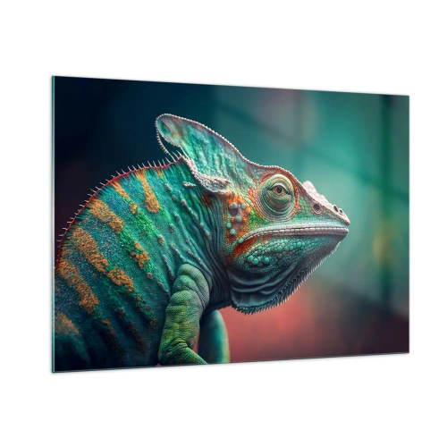 Impression sur verre - Image sur verre - Un caméléon coloré sur un fond flou dans une lumière intense. - 100x70cm - Vous me voyez? Pas bien… - Décoration murale moderne pour le salon et la chambre ARTTOR