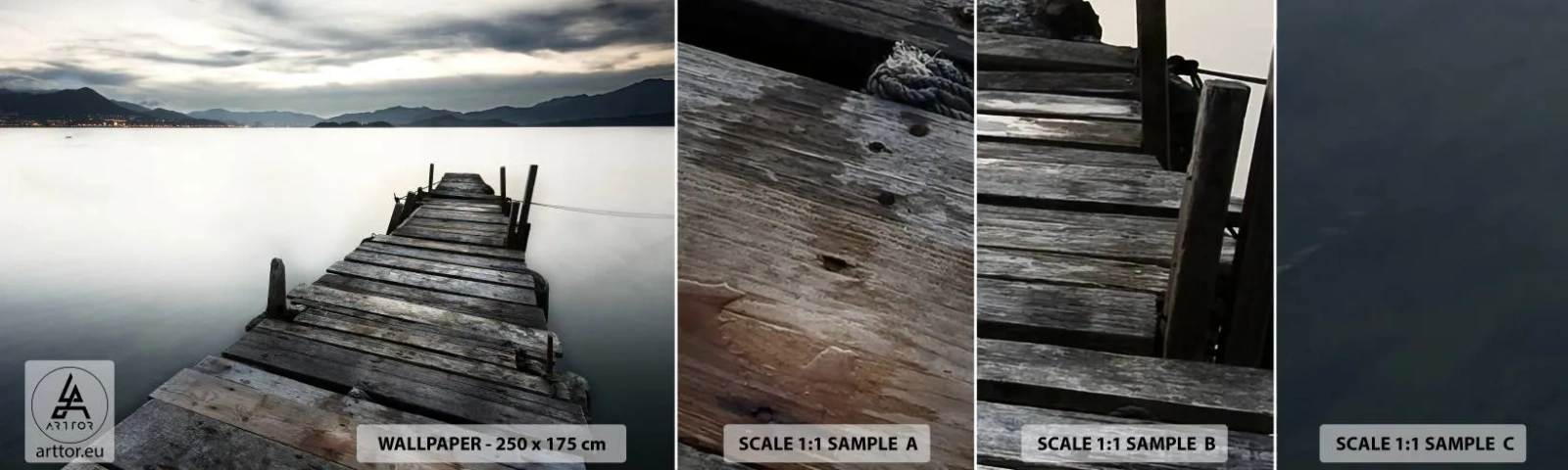 Échantillon De Papier Peint Standard Eco - Immergez-vous dans la paix - Paysage, Lac, Pont de bois - 100x30 cm