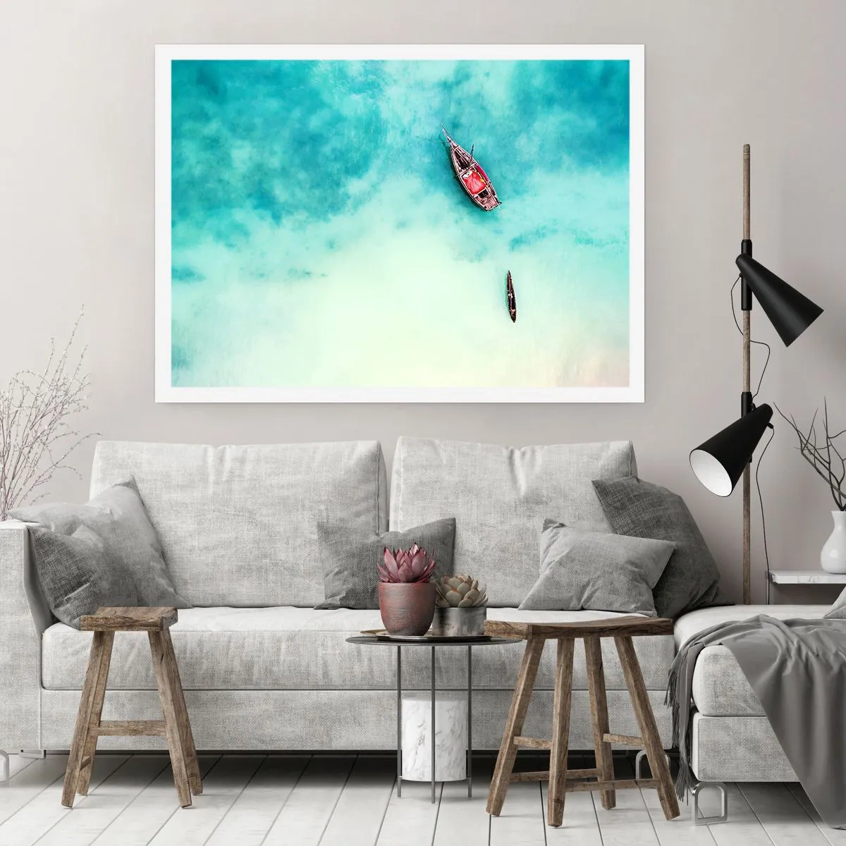 Affiche - Poster - Bateaux sur l'eau turquoise vus à vol d'oiseau - 100x70cm - Car sur les plages de Zanzibar, quand il y a un débordement d'eau... - Décoration murale moderne pour le salon et la chambre ARTTOR