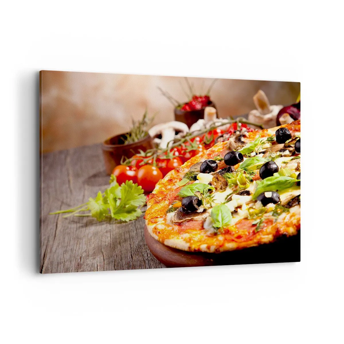 Impression sur toile - Image sur toile - Pizza aux olives, basilic et ingrédients frais sur fond de bois - 100x70cm - Des ingrédients telluriques - Décoration murale moderne pour le salon et la chambre ARTTOR