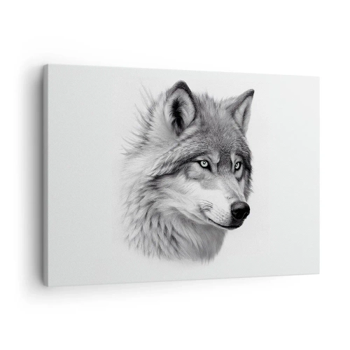 Impression sur toile - Image sur toile - Un portrait réaliste d'un loup dans des tons de gris. - 70x50cm - Alpha – sans aucun doute - Décoration murale moderne pour le salon et la chambre ARTTOR