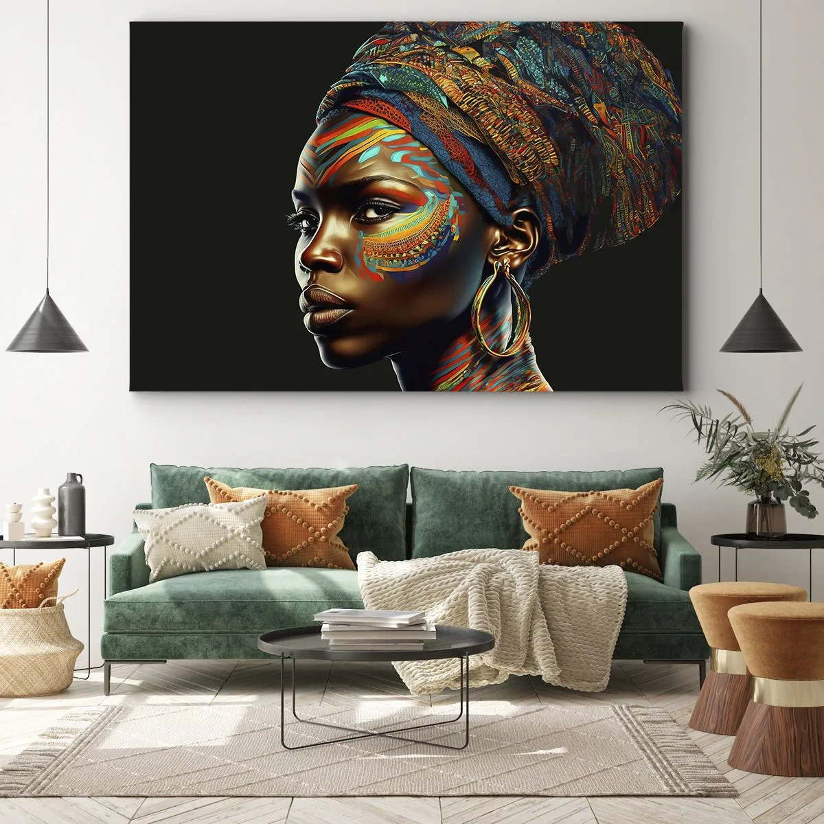 Impression sur toile - Image sur toile - Portrait d'une femme avec un motif coloré et un turban - 70x50cm - reine africaine - Décoration murale moderne pour le salon et la chambre ARTTOR