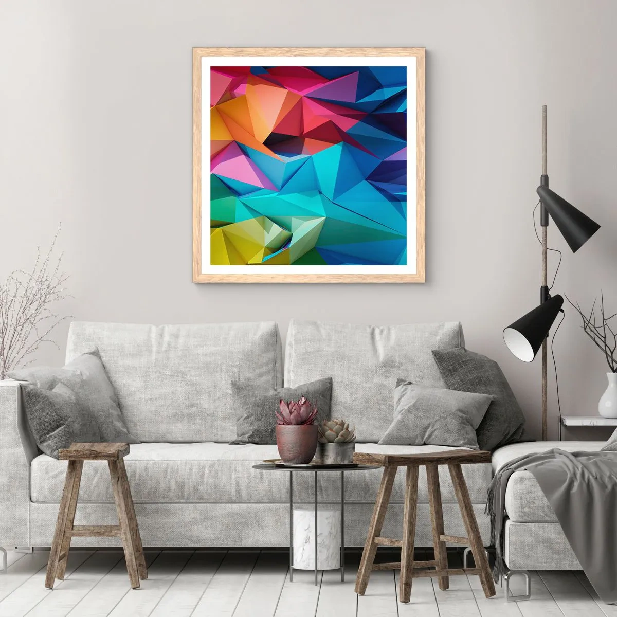 Affiche dans un chêne clair - Poster - Origami arc-en-ciel - 30x30 cm