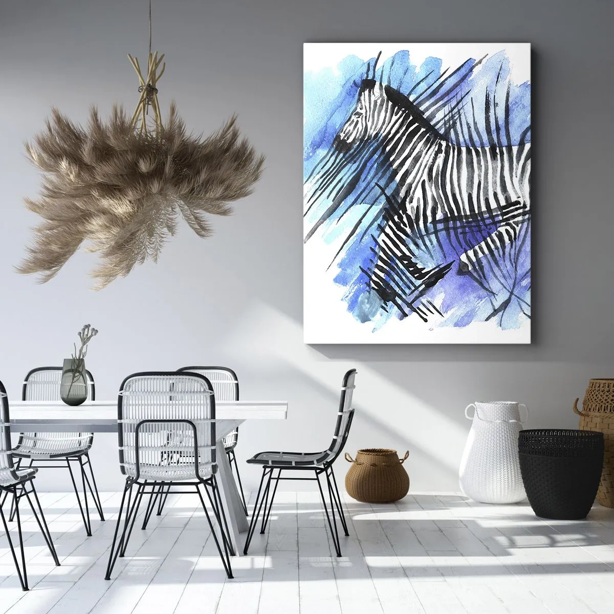 Impression sur toile - Image sur toile - Illustration à l'aquarelle d'un zèbre contre un ciel bleu - 50x70cm - Caché dans les rayures - Décoration murale moderne pour le salon et la chambre ARTTOR