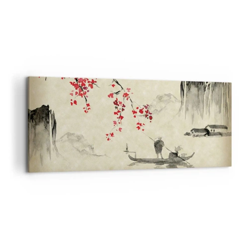 Impression sur toile - Image sur toile - Illustration orientale avec un bateau et une branche fleurie - 120x50cm - Au pays des cerisiers en fleurs - Décoration murale moderne pour le salon et la chambre ARTTOR