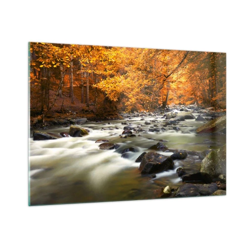 Impression sur verre - Image sur verre - Forêt d'automne avec un ruisseau et des pierres - 100x70cm - Un ruisseau dans une forêt dorée - Décoration murale moderne pour le salon et la chambre ARTTOR