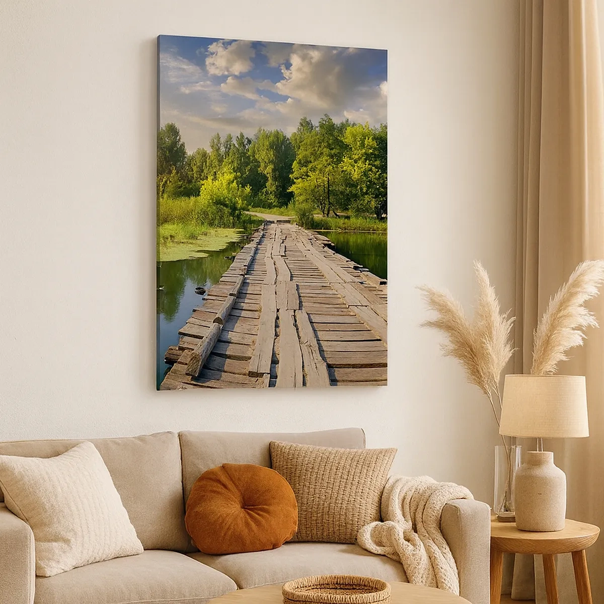 Impression sur toile - Image sur toile - Un paysage pittoresque avec un pont et un cygne - 50x70cm - L'été, l'été partout - Décoration murale moderne pour le salon et la chambre ARTTOR