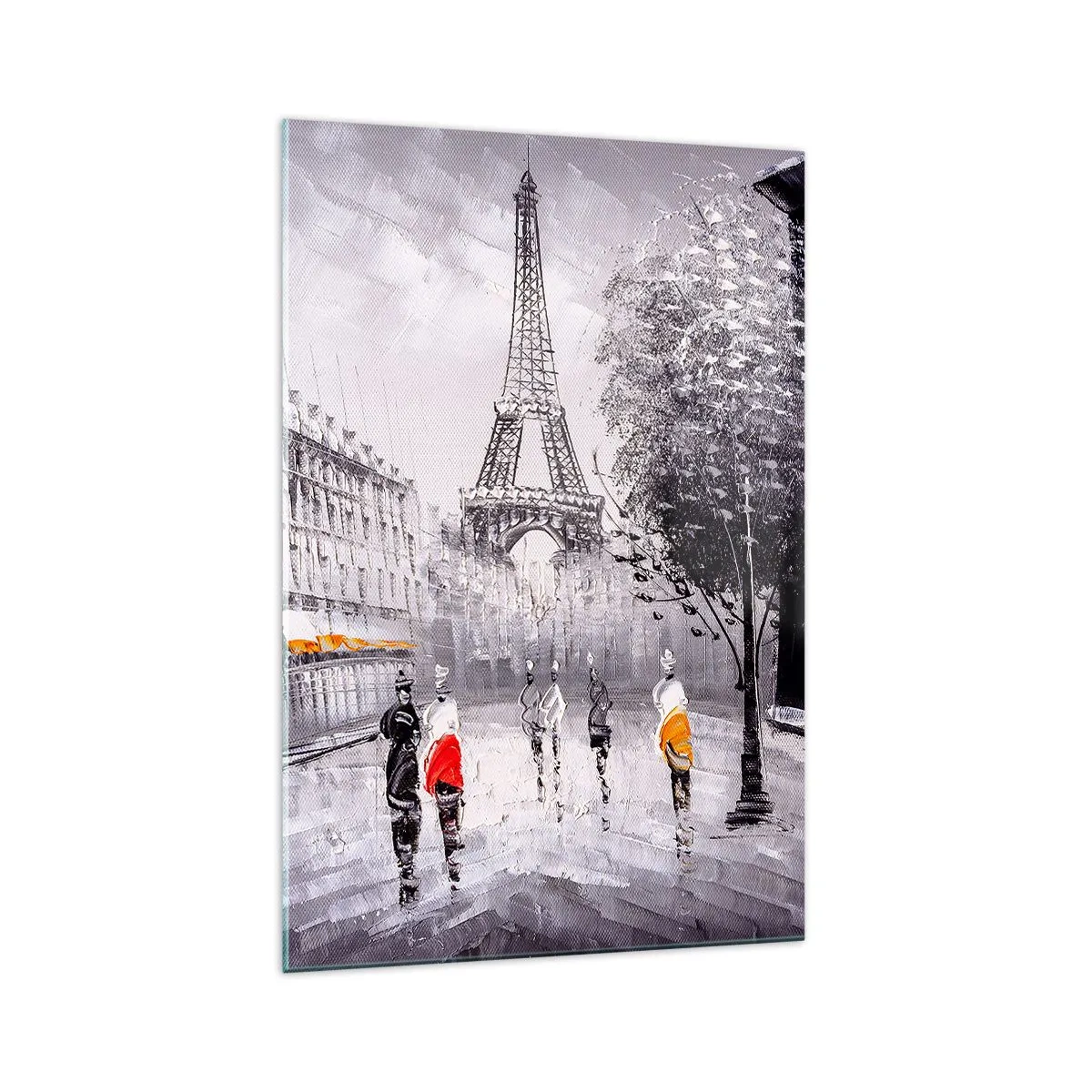 Impression sur verre - Image sur verre - Une vue de la Tour Eiffel dans un décor monochrome avec des touches de couleur - 70x100cm - Balade parisienne - Décoration murale moderne pour le salon et la chambre ARTTOR