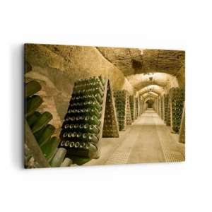 Impression sur toile - Image sur toile - Un vignoble avec une cave remplie de bouteilles de vin exposées sur des étagères en bois. - 100x70cm - L'éveil du goût - Décoration murale moderne pour le salon et la chambre ARTTOR