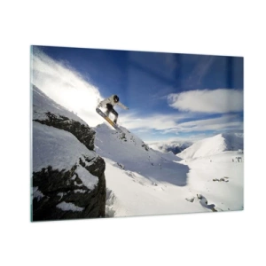 Impression sur verre - Image sur verre - Un snowboarder sautant d'une falaise dans les montagnes en hiver - 100x70cm - Liberté sans limite - Décoration murale moderne pour le salon et la chambre ARTTOR