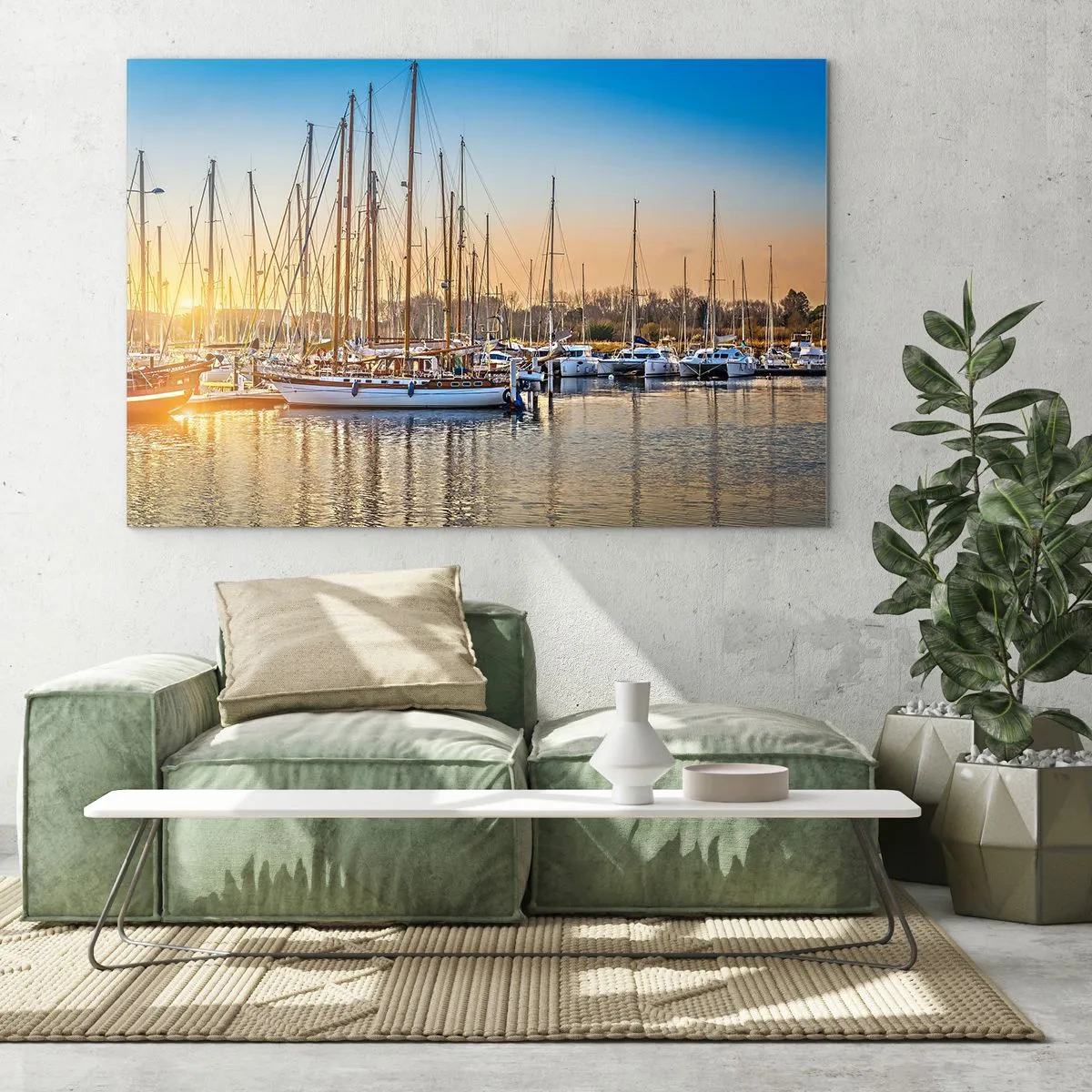Impression sur verre - Image sur verre - Une marina pleine de voiliers à la lumière du soleil couchant - 70x50cm - Le vent aussi doit dormir - Décoration murale moderne pour le salon et la chambre ARTTOR