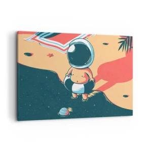 Impression sur toile - Image sur toile - Astronaute drôle sur la plage avec des éléments spatiaux en arrière-plan - 120x80cm - Suivant une autre perspective - Décoration murale moderne pour le salon et la chambre ARTTOR