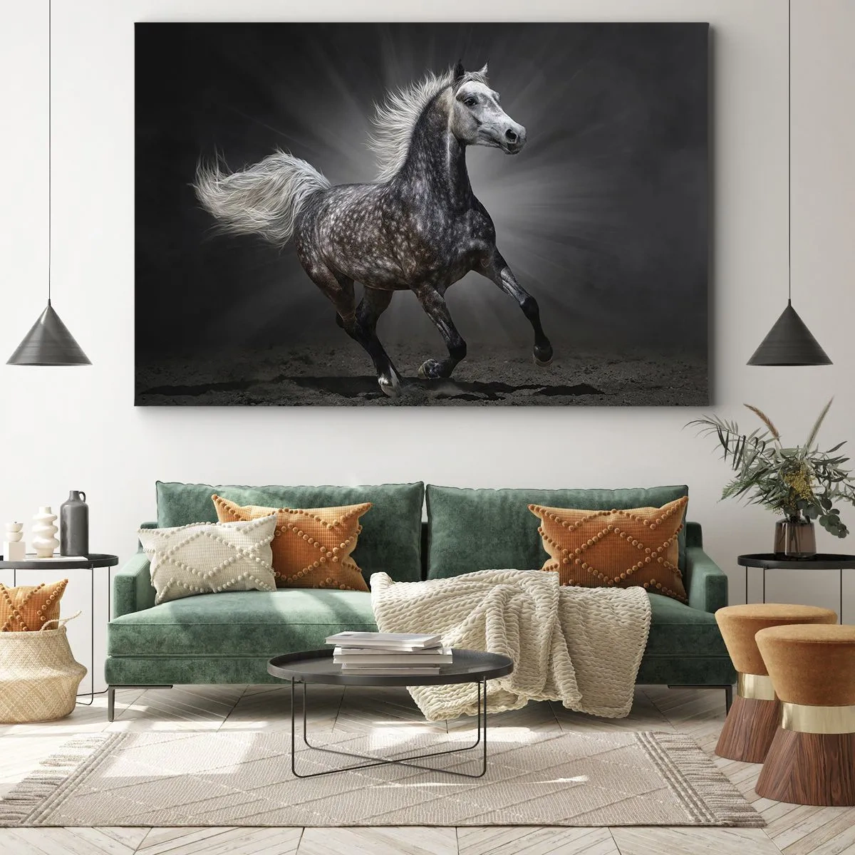 Impression sur toile - Image sur toile - Un cheval blanc galopant sur un fond sombre - 120x80cm - Le gris est beau - Décoration murale moderne pour le salon et la chambre ARTTOR