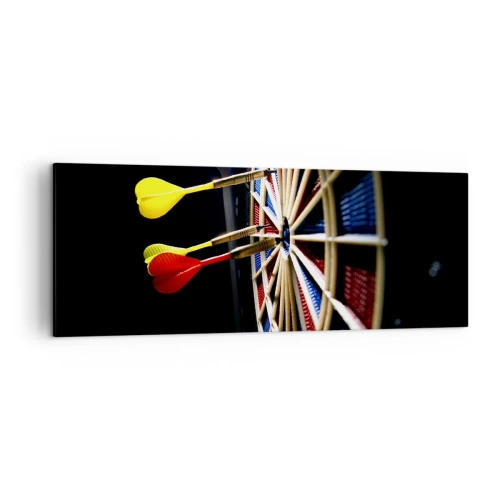 Impression sur toile - Image sur toile - Un jeu de fléchettes avec des fléchettes frappées sur un fond noir - 140x50cm - Droit au but - Décoration murale moderne pour le salon et la chambre ARTTOR
