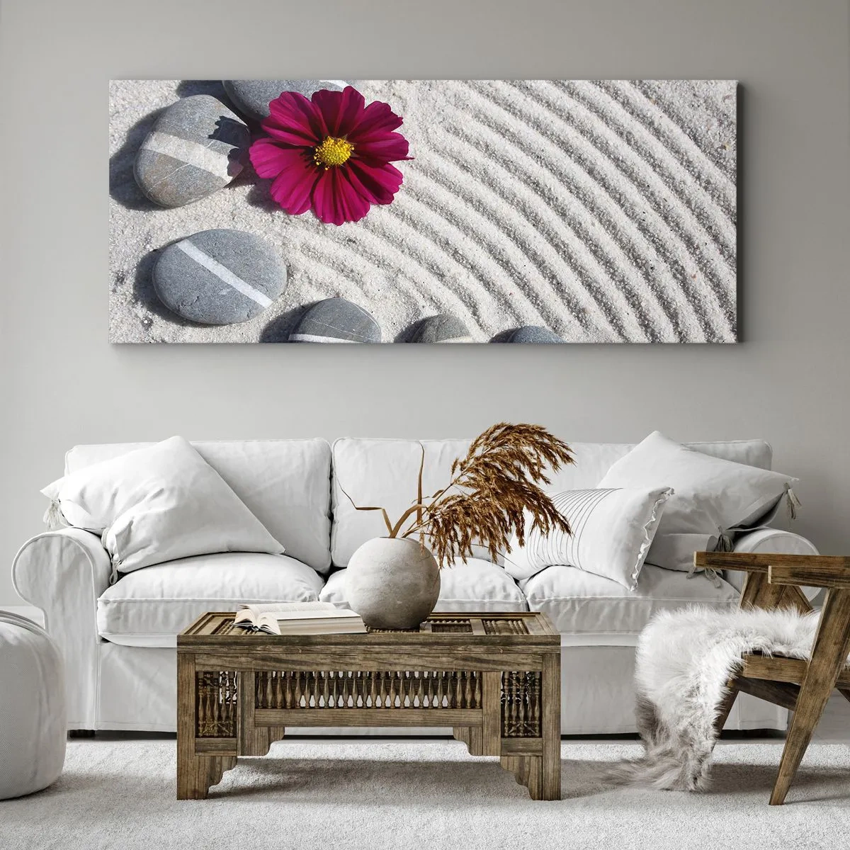 Impression sur toile - Image sur toile - Des pierres et une fleur rose sur le sable dans un style zen - 120x50cm - Énergie et paix du cercle magique de la nature - Décoration murale moderne pour le salon et la chambre ARTTOR